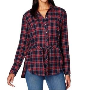 J. Jill Plaid Tie Front Flannel Shirt Red Black Grunge Cozycore Button Up M